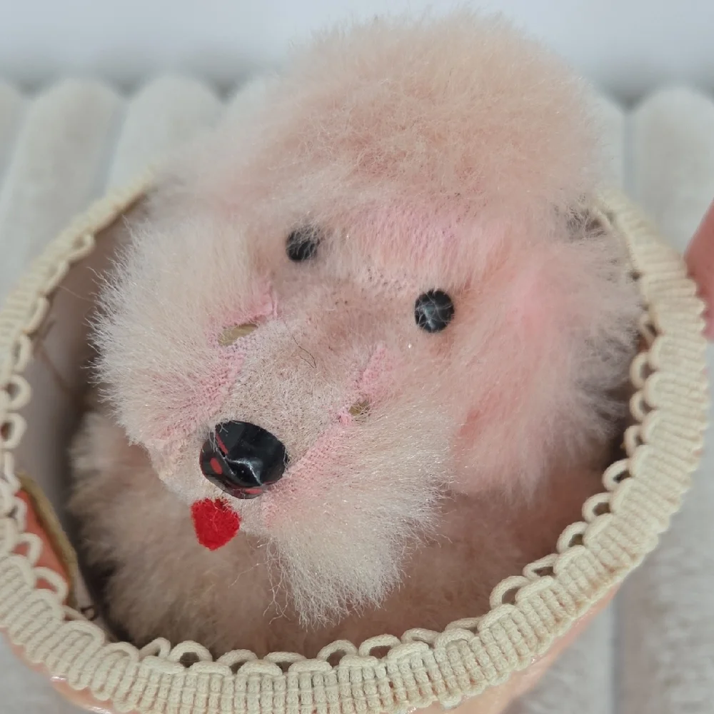 Vintage Japanese Pink Poodle In A Basket Windup Toy